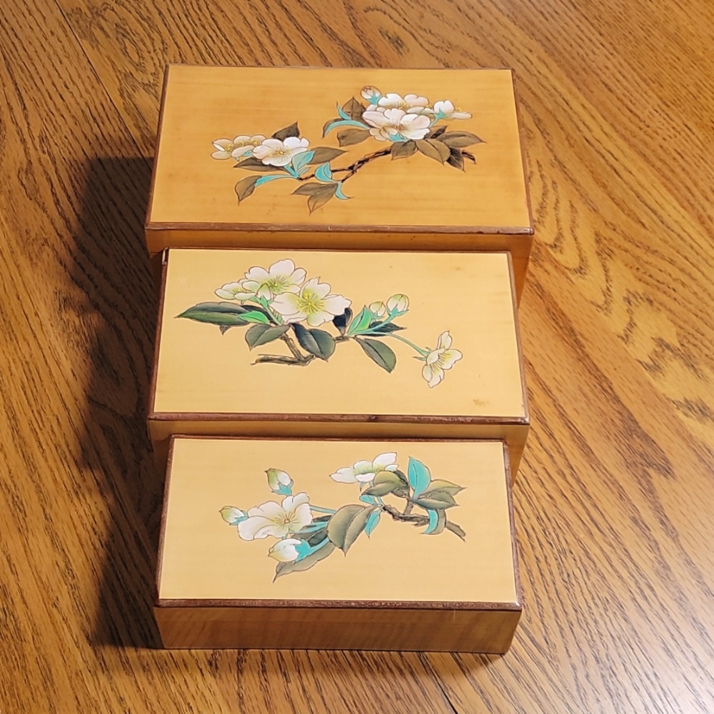 3-Size Floral Wooden Storage Boxes
